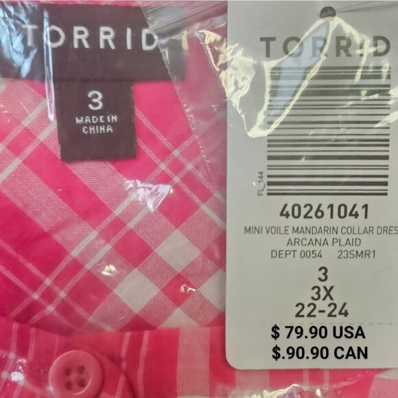 TORRID Plus Size Pink, White Plaid Mini Voile Mandarin Collar Dress. - Picture 14 of 15